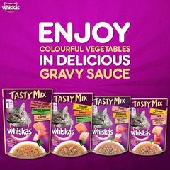 Whiskas Tasty Mix cat food packages on a purple background with promotional text.