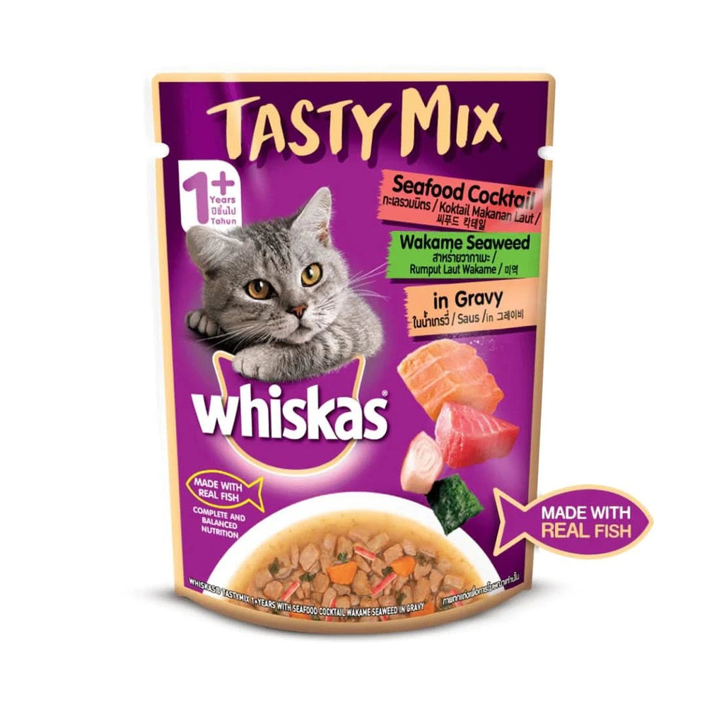Whiskas Tasty Mix cat food packet on a white background