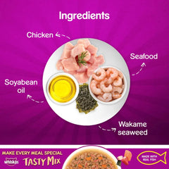 Ingredients of Whiskas Tasty Mix on a purple background with labeled components.