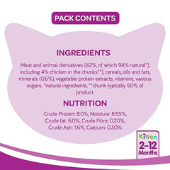 Cat-shaped label with ingredients and nutrition information on a purple background