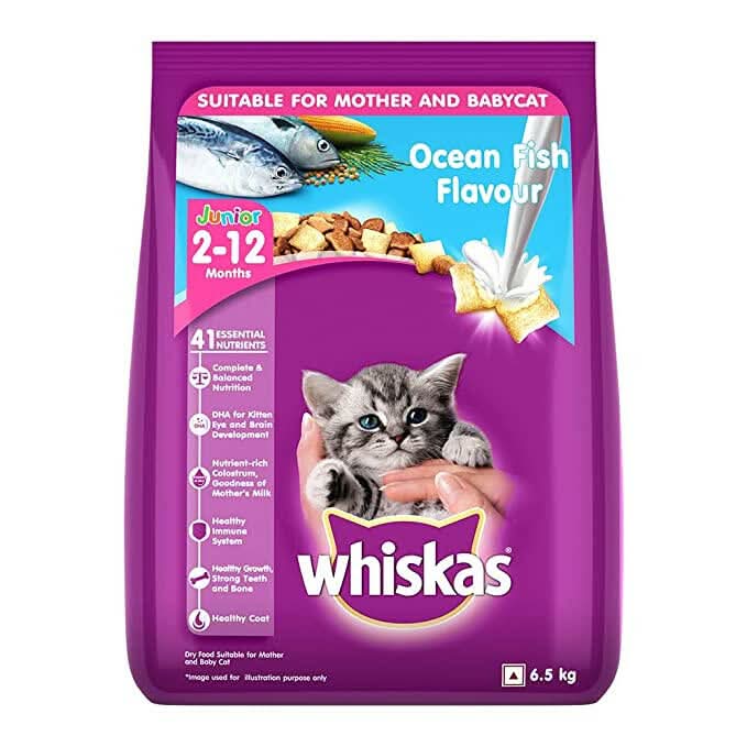 Whiskas ocean fish flavor cat food package for junior cats on a white background