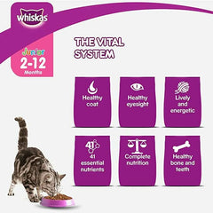 Whiskas Junior cat food packaging with a cat eating from a bowl, highlighting health benefits.