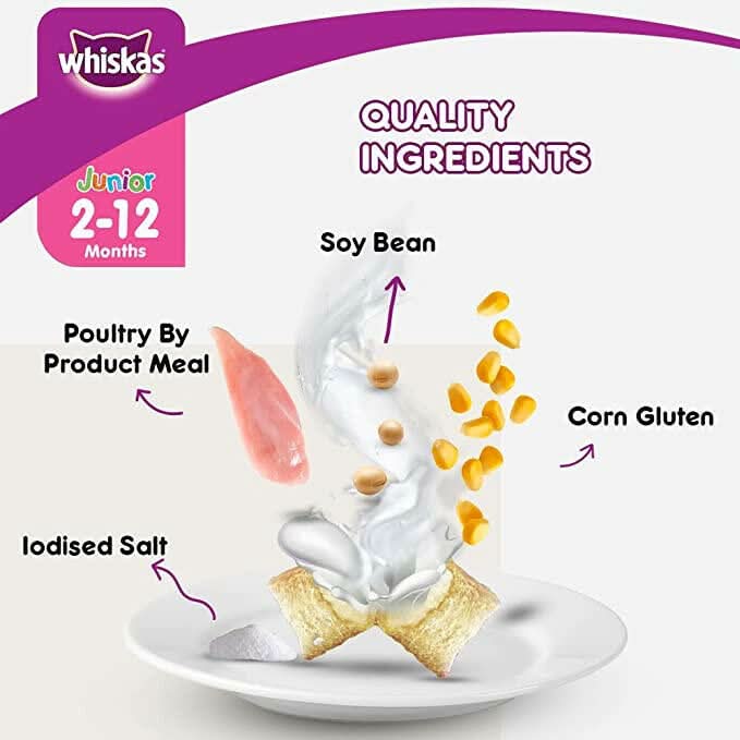 Whiskas Junior 2-12 months cat food packaging with ingredients labeled on a white background.