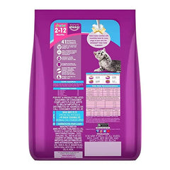 Purple bag of Whiskas cat food with text and a cat illustration on a white background