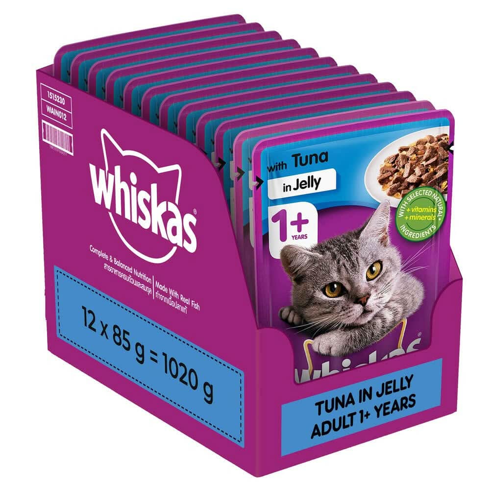 Packaging of Whiskas tuna in jelly cat food for adult cats.
