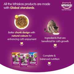 Whiskas cat food advertisement with a purple background, showing a bowl of cat food, a cat eating, and Whiskas packaging.