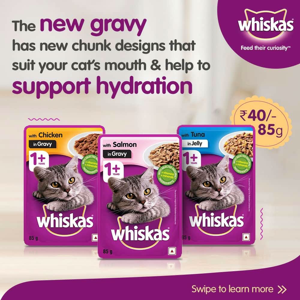 Three Whiskas cat food packets with promotional text on a light background