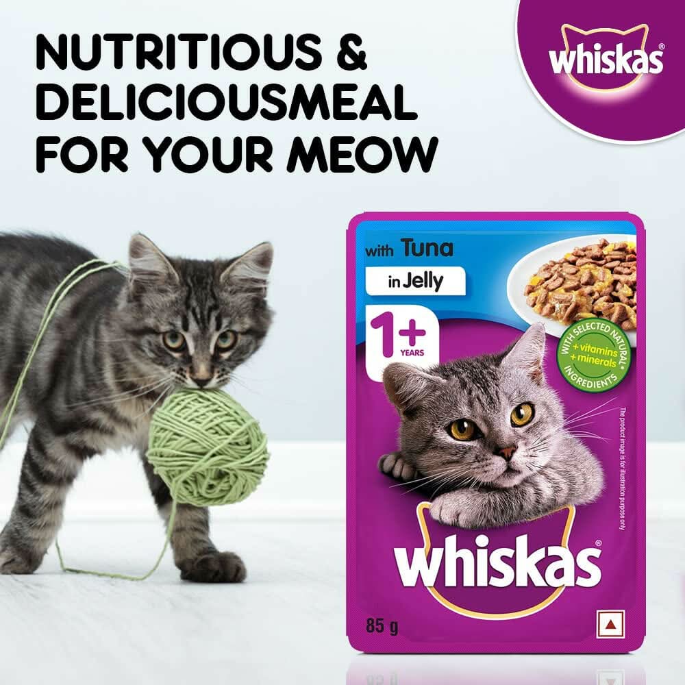 Whiskas cat food package with a kitten playing with a yarn ball on a white background