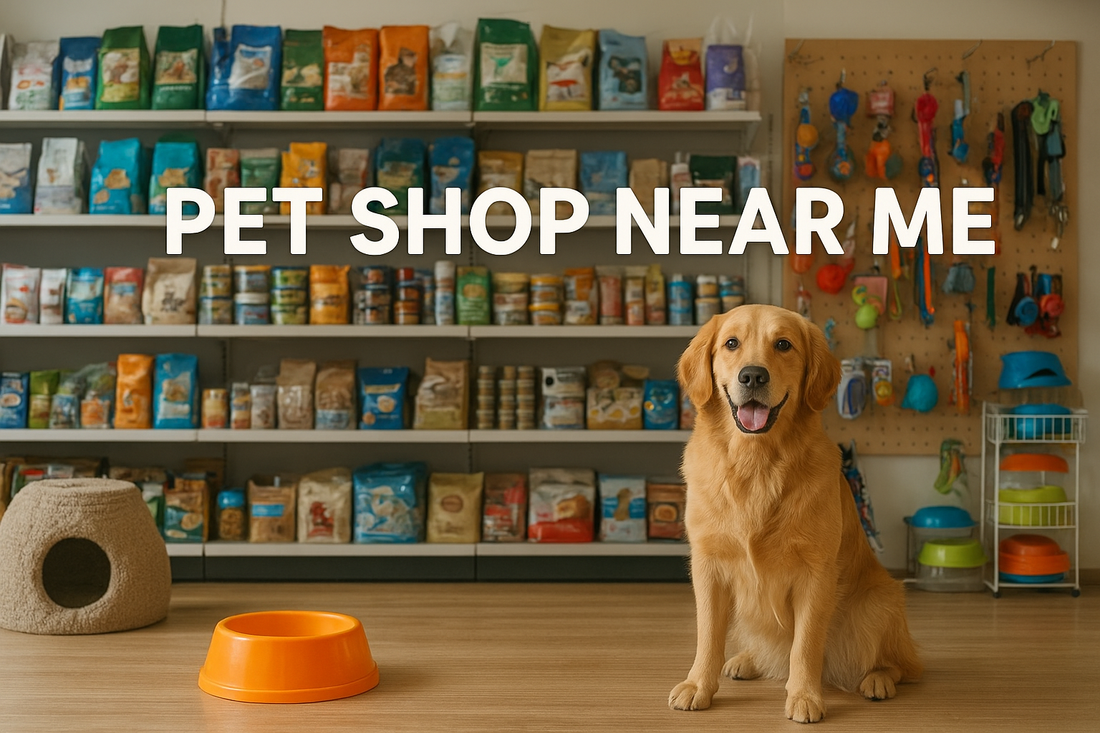 a dog showing a pet shop