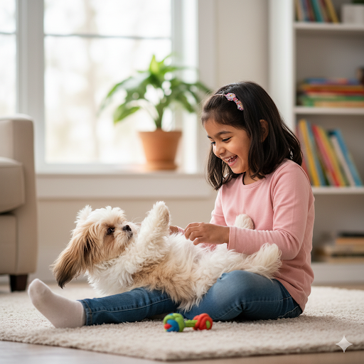 GIRL PLAYING WITH SHIH TZU PUPPY