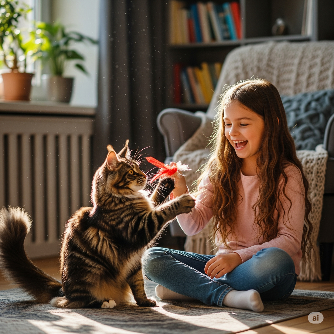 Maine Coon kitten playing with a feather toy: Captures a playful moment, good for sections discussing kittens or general Maine Coon behavior.