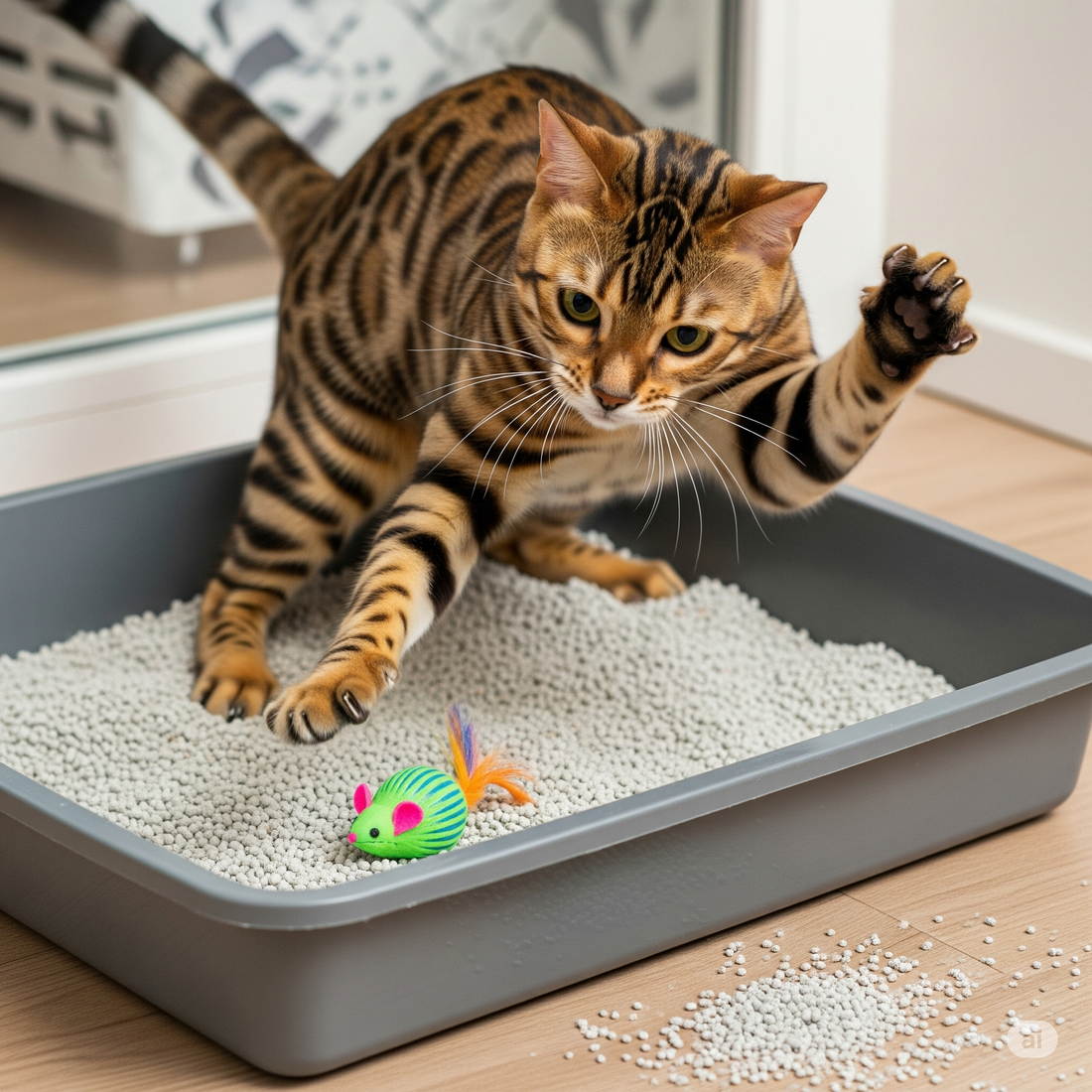 bengal cat playing in litter box