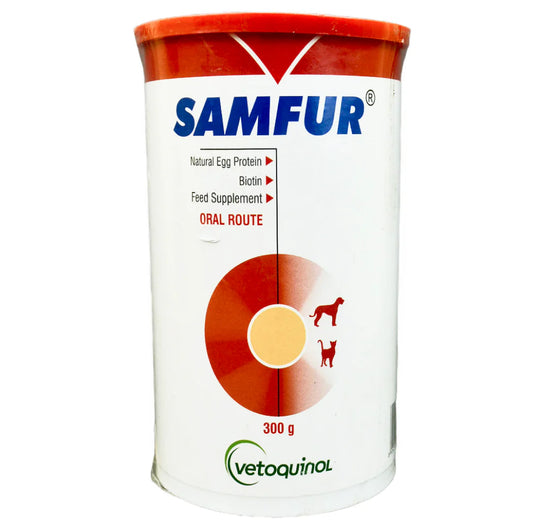 Samfur feed supplement container with Vetoquinol logo on a white background