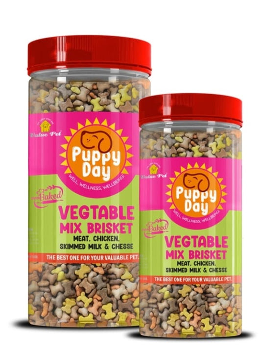 Two jars of 'Puppy Day' vegetable mix brisket dog food on a white background