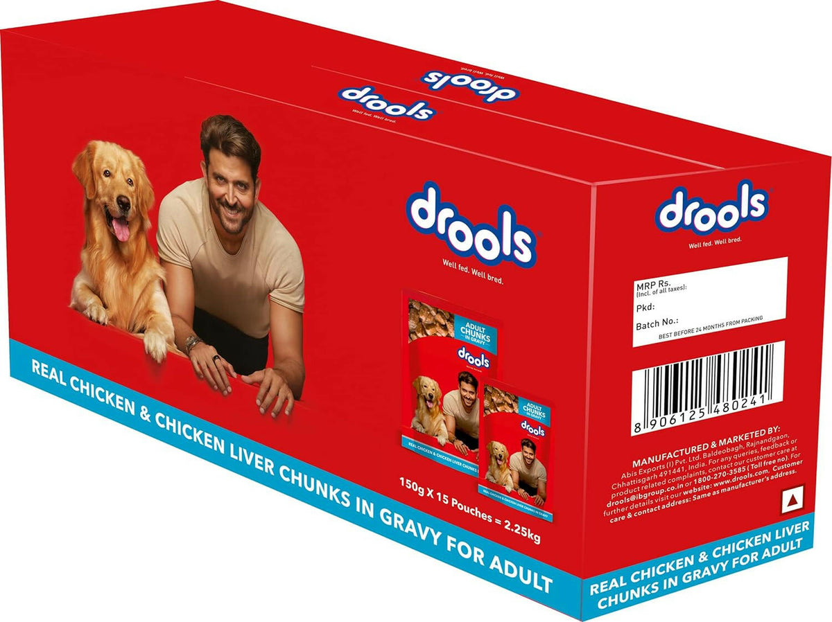 Drools Adult Dog Wet Food Real Chicken and Chicken Liver Chunks in Gravy.
