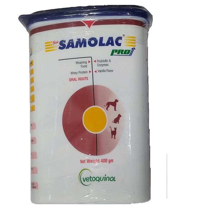 Samolac Pro pet food container with Vetoquinol branding on a white background