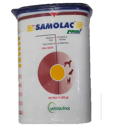 Samolac Pro pet food container with Vetoquinol branding on a white background