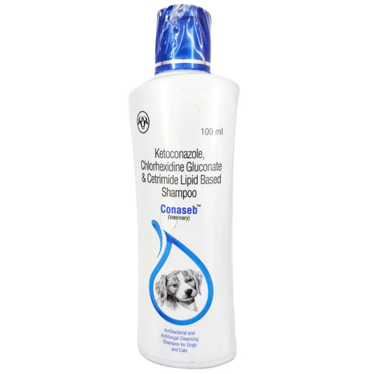 Bottle of Conaseb shampoo for dogs on a white background