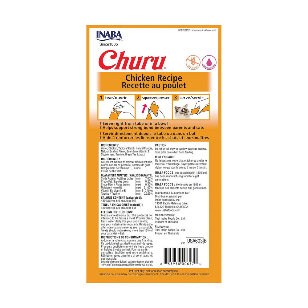 INABA Churu Chicken Recipe Lickable Purée Natural Cat Treats USA603A, 56 g.