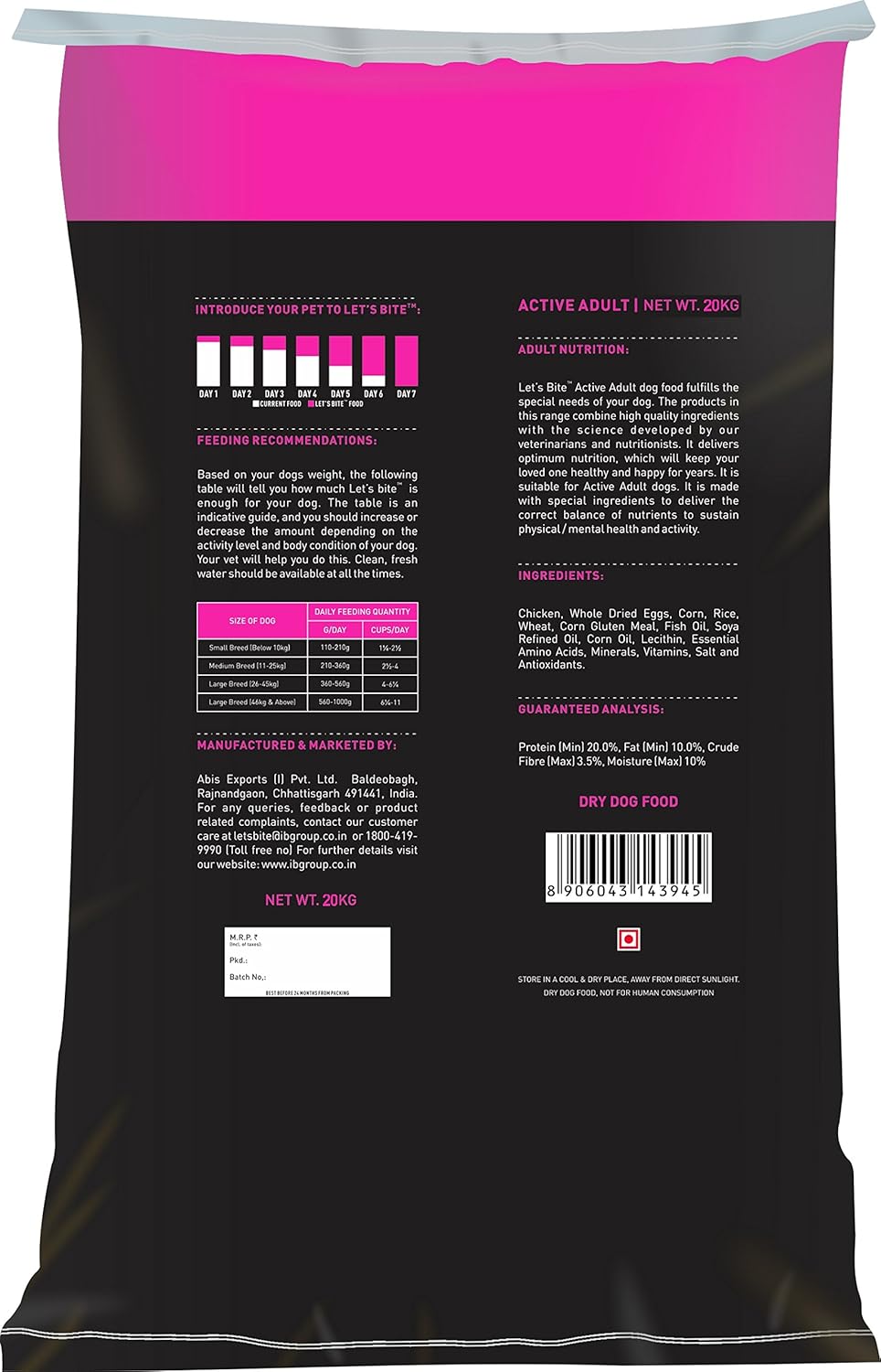 Lets Bite Active Adult Dog Food – 20kg (1kg Extra Free).