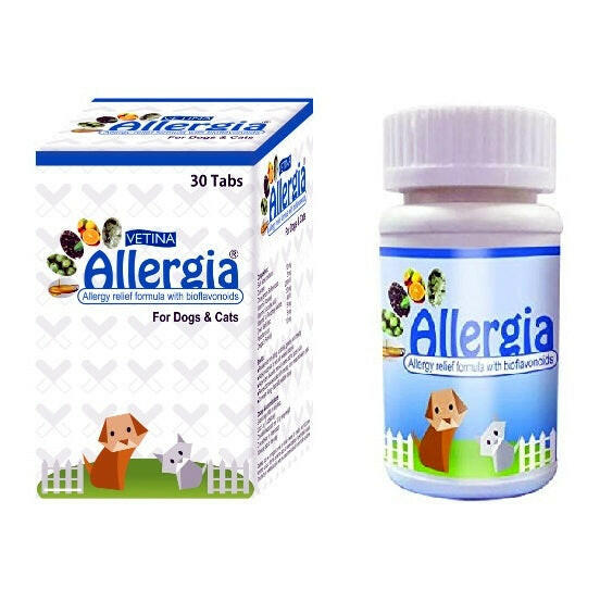 A BOTTLE OF VETINA ALLERGIA IN A WHITE BACKGROUND WITH A PACKAGING BOX