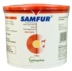 Samfur feed supplement container with red and white label