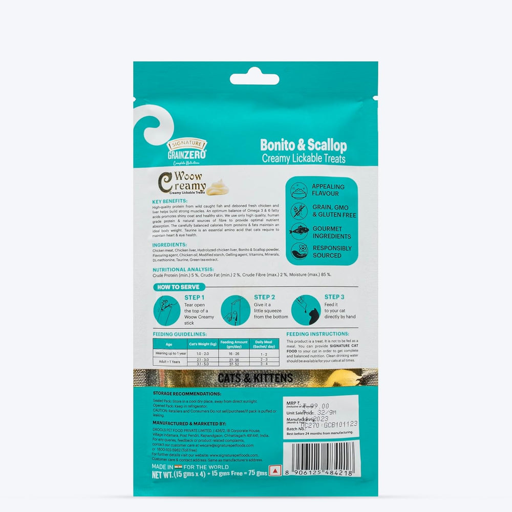 Signature Grain Zero Woow Creamy Bonito & Scallop Lickable Treats for Cat & Kitten – 75 g.
