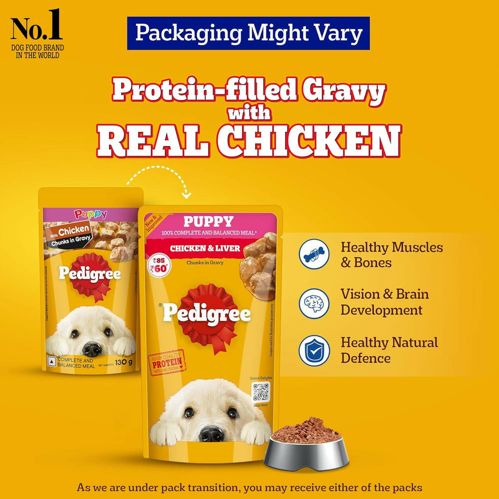 Pedigree Puppy Chicken & Liver Chunks in Gravy Wet Dog Food.
