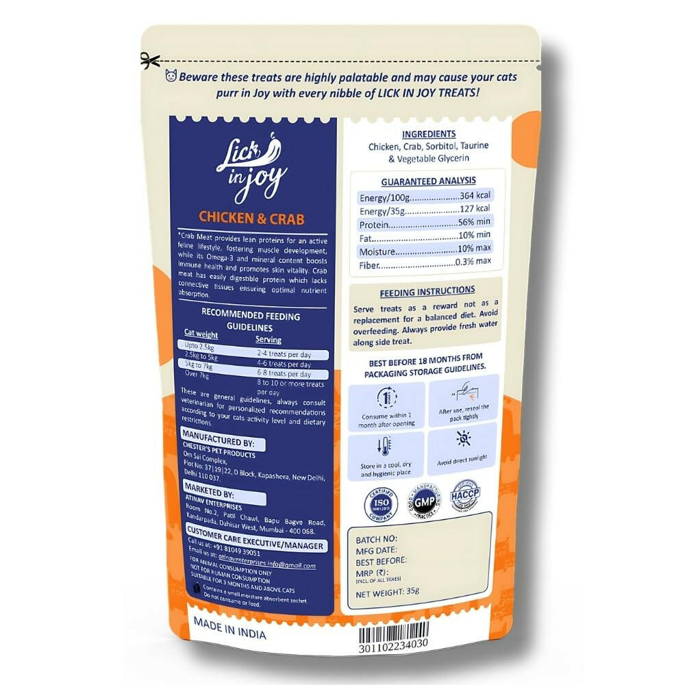 Lick in Joy Soft Cat Jerky All Life Stages Cat Treats, Chicken and Crab, 35 g.