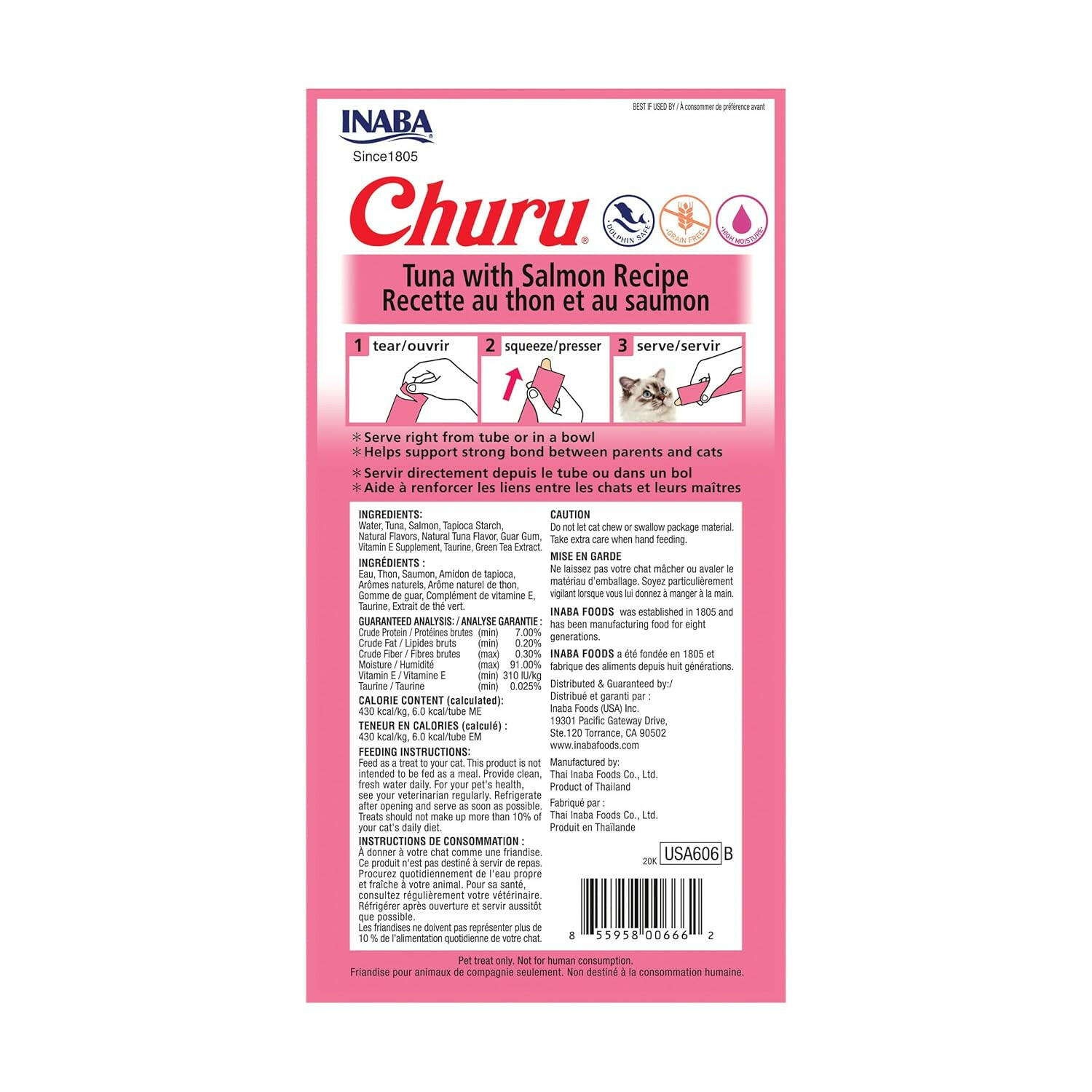 INABA Churu Tuna with Salmon Recipe Lickable Purée Natural Cat Treats USA606A, 56 g (Pack of 1).