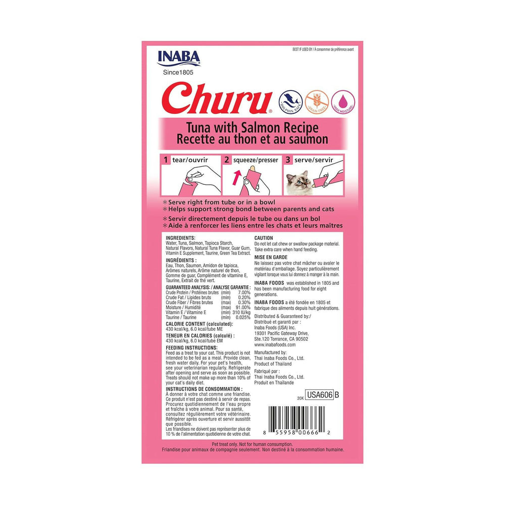 INABA Churu Tuna with Salmon Recipe Lickable Purée Natural Cat Treats USA606A, 56 g (Pack of 1).