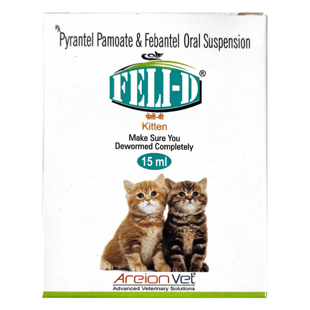 Box of FEL-D Pyrantel Pamoate & Febantel Oral Suspension for kittens, featuring two kittens and Arion Vet branding.