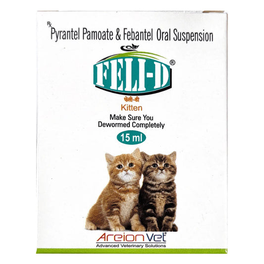 Box of FEL-D Pyrantel Pamoate & Febantel Oral Suspension for kittens, featuring two kittens and Arion Vet branding.