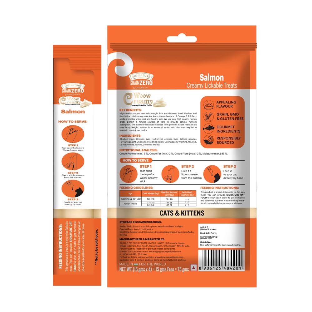 Signature Grain Zero Woow Creamy Salmon Lickable Treats for Cat & Kitten – 75 g.