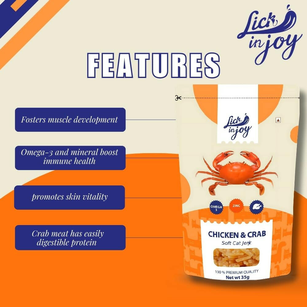 Lick in Joy Soft Cat Jerky All Life Stages Cat Treats, Chicken and Crab, 35 g.