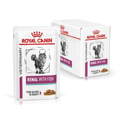 Royal Canin Veterinary Diet Renal with Fish cat food packaging on a white background