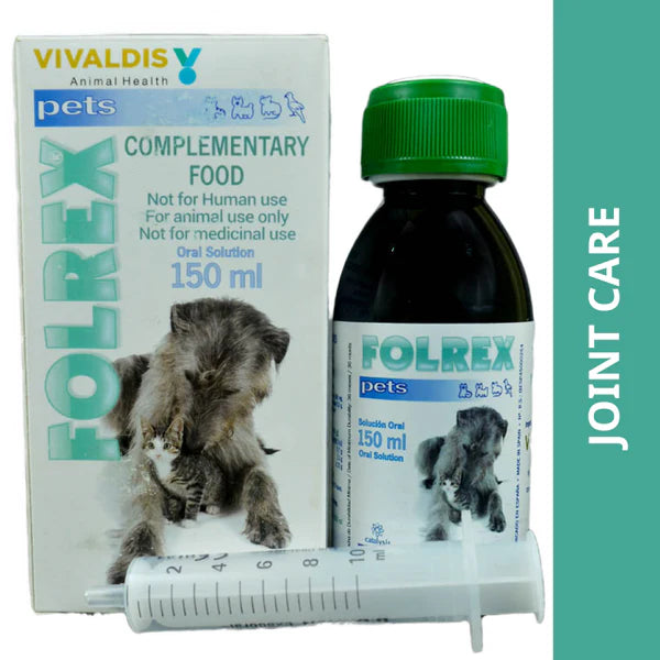 Folrex pets joint care supplement with packaging and syringe on a white background