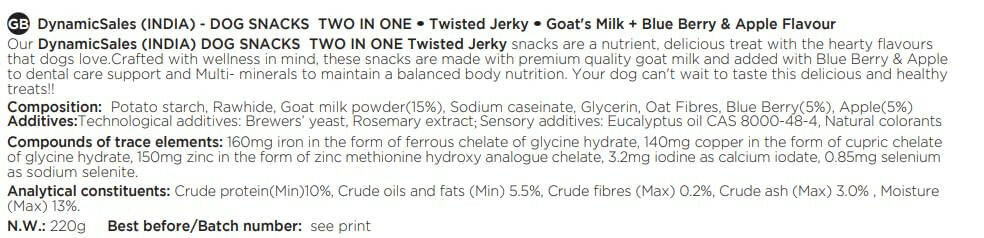 DynamicSales (India) Hypoallergenic Dog Treats – Twisted Jerky with Blueberry & Apple Flavour.