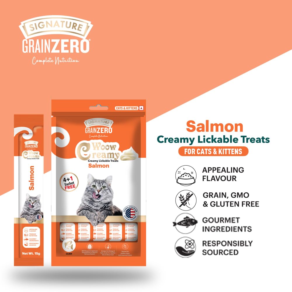 Signature Grain Zero Woow Creamy Salmon Lickable Treats for Cat & Kitten – 75 g.