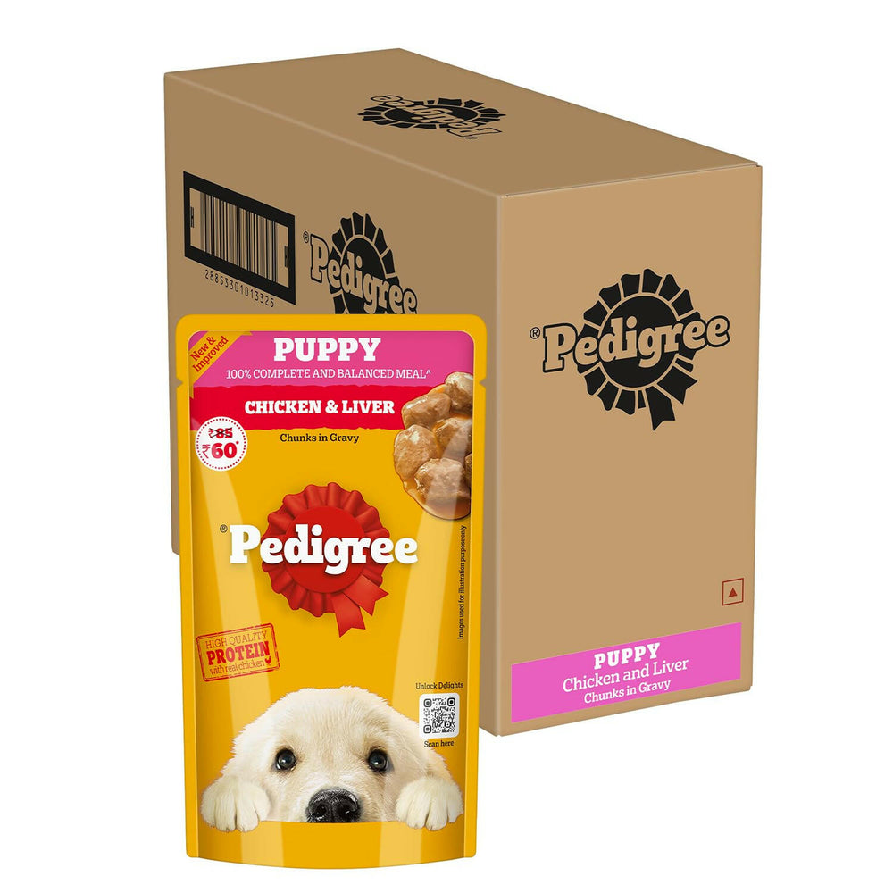 Pedigree Puppy Chicken & Liver Chunks in Gravy Wet Dog Food.
