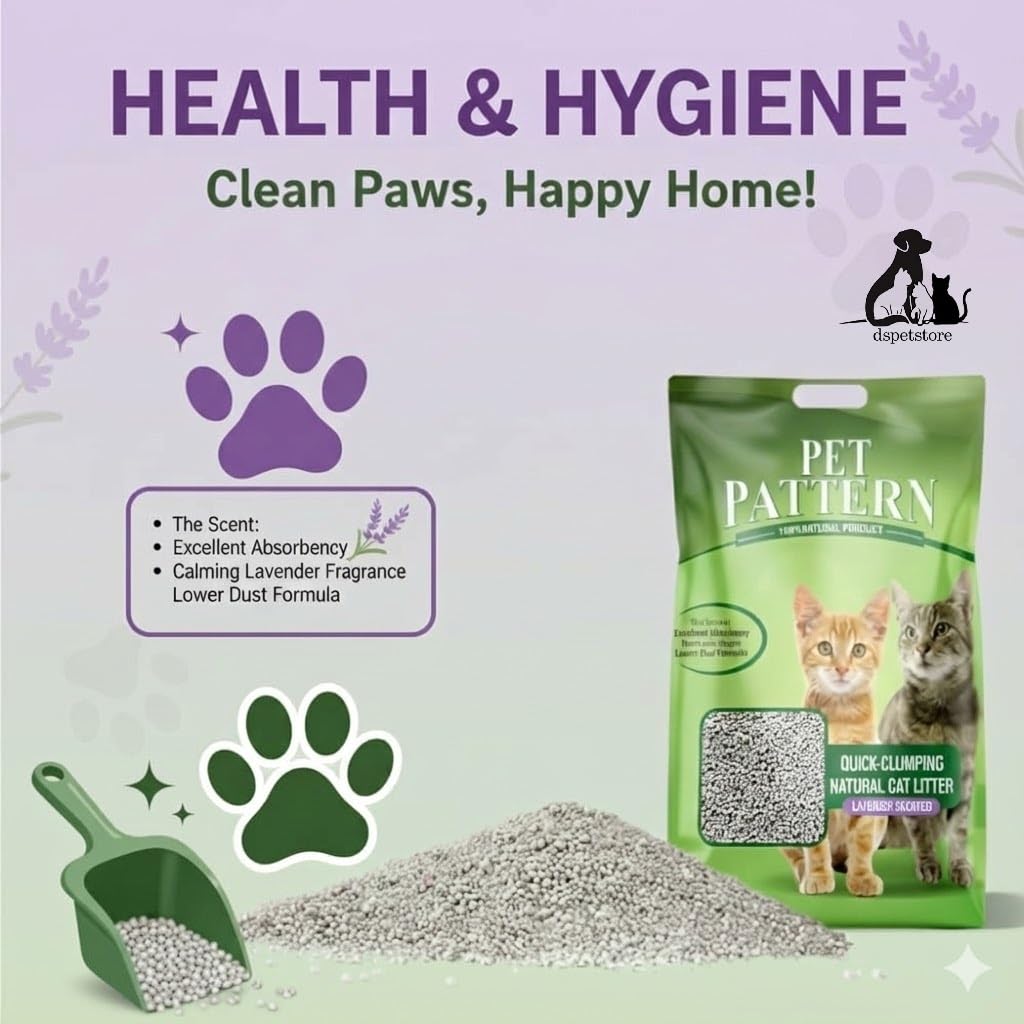 Pet pattern cat litter packaging with product features on a light purple background