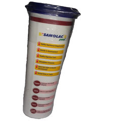 Samolac powder container with text on a white background