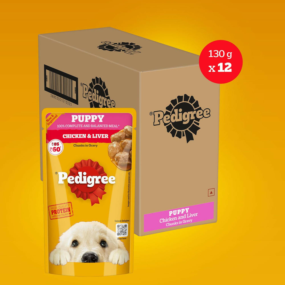 Pedigree Puppy Chicken & Liver Chunks in Gravy Wet Dog Food.