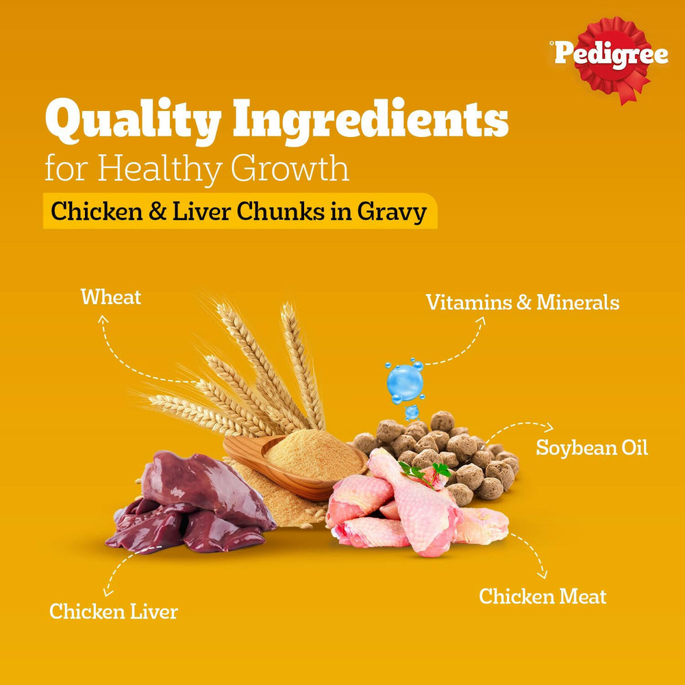 Pedigree Puppy Chicken & Liver Chunks in Gravy Wet Dog Food.