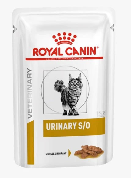 Royal Canin Veterinary Diet Urinary S/O cat food pouch on a white background