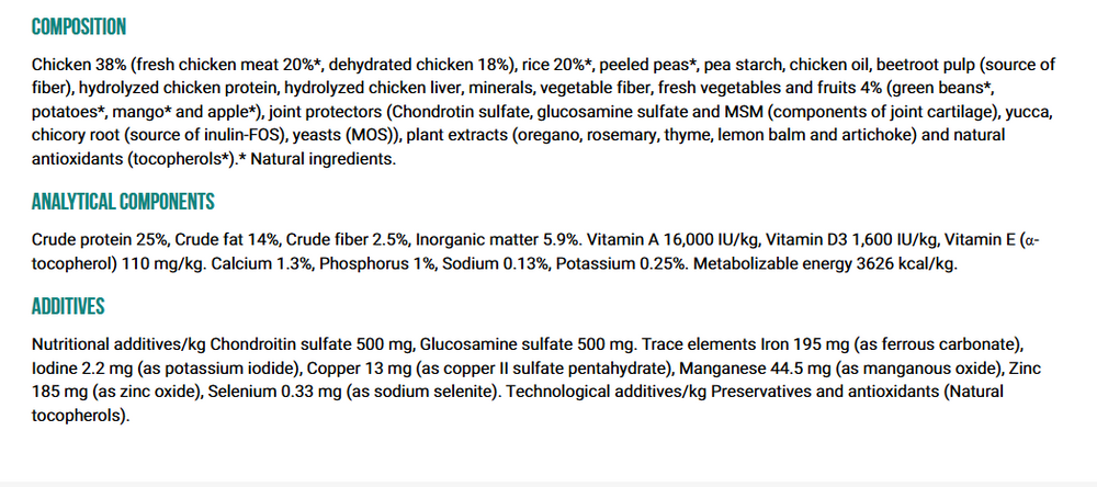 Low grain adult chicken food, Dibaq brand.