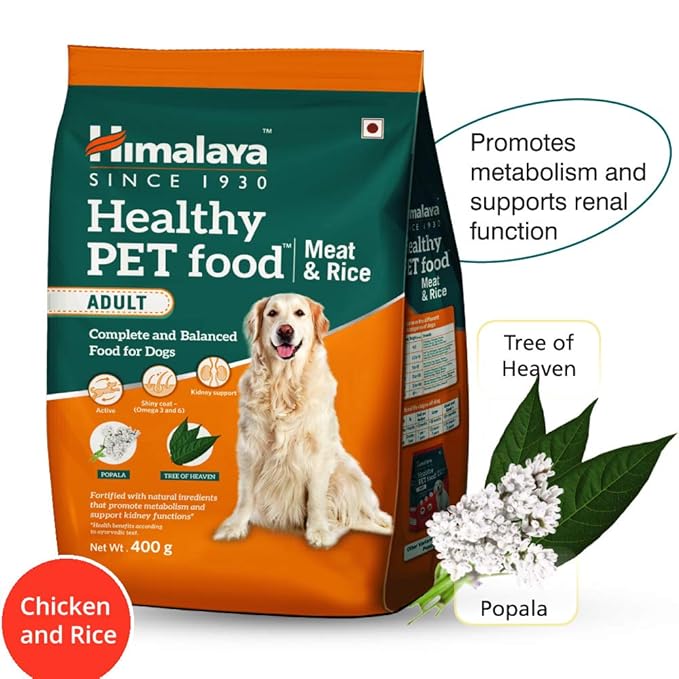 Himalaya Healthy Pet Food package for adult dogs with a dog on the packaging.