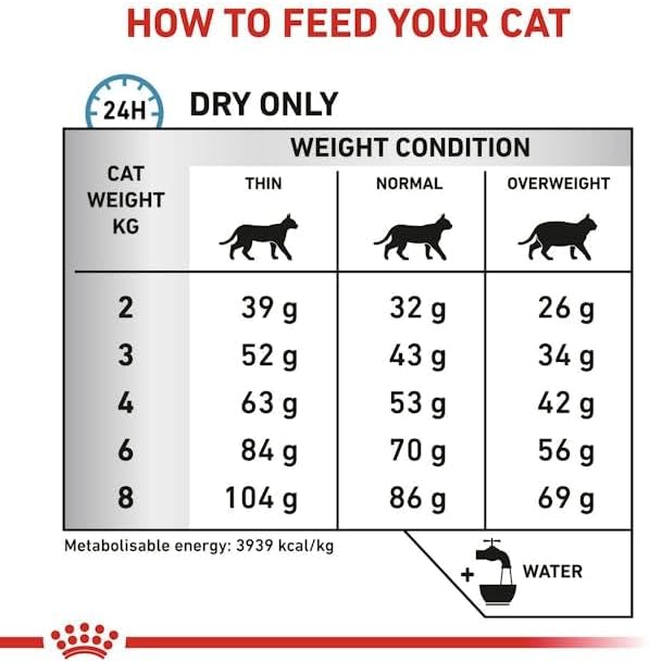 Feeding chart for cats with weight conditions and dry food amounts.