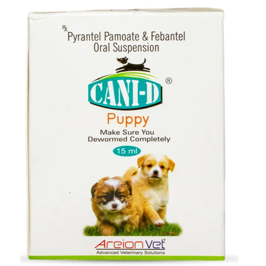 CANI-D Puppy oral suspension packaging with two puppies on a white background