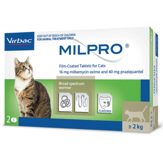 Box of Virbac Milpro film-coated tablets for cats on a white background